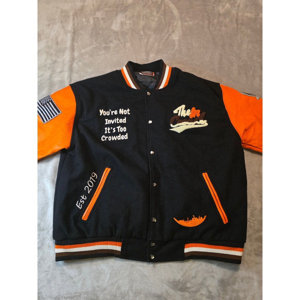 The In Crowd Varsity Jacket Mens Medium Black Orange Patch Streetwear Letterman
